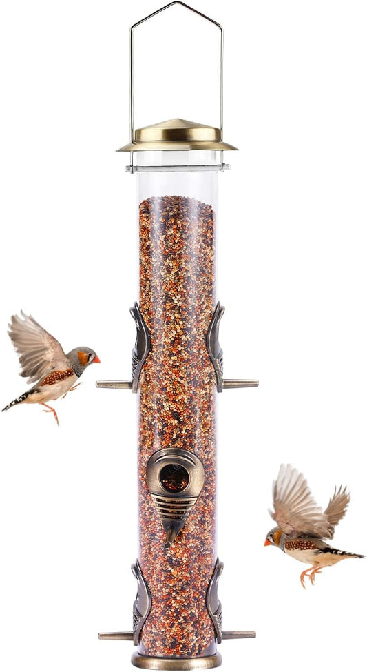 MIXXIDEA 1PK Metal Bird Feeders with 6 Feeding Ports,Tube Bird Feeder with Steel Hanger,Hard Plastic Wild Bird Feeder for Outdoors Hanging, Attracting Birds in Your Lawn, Garden, Balcony–Bronze