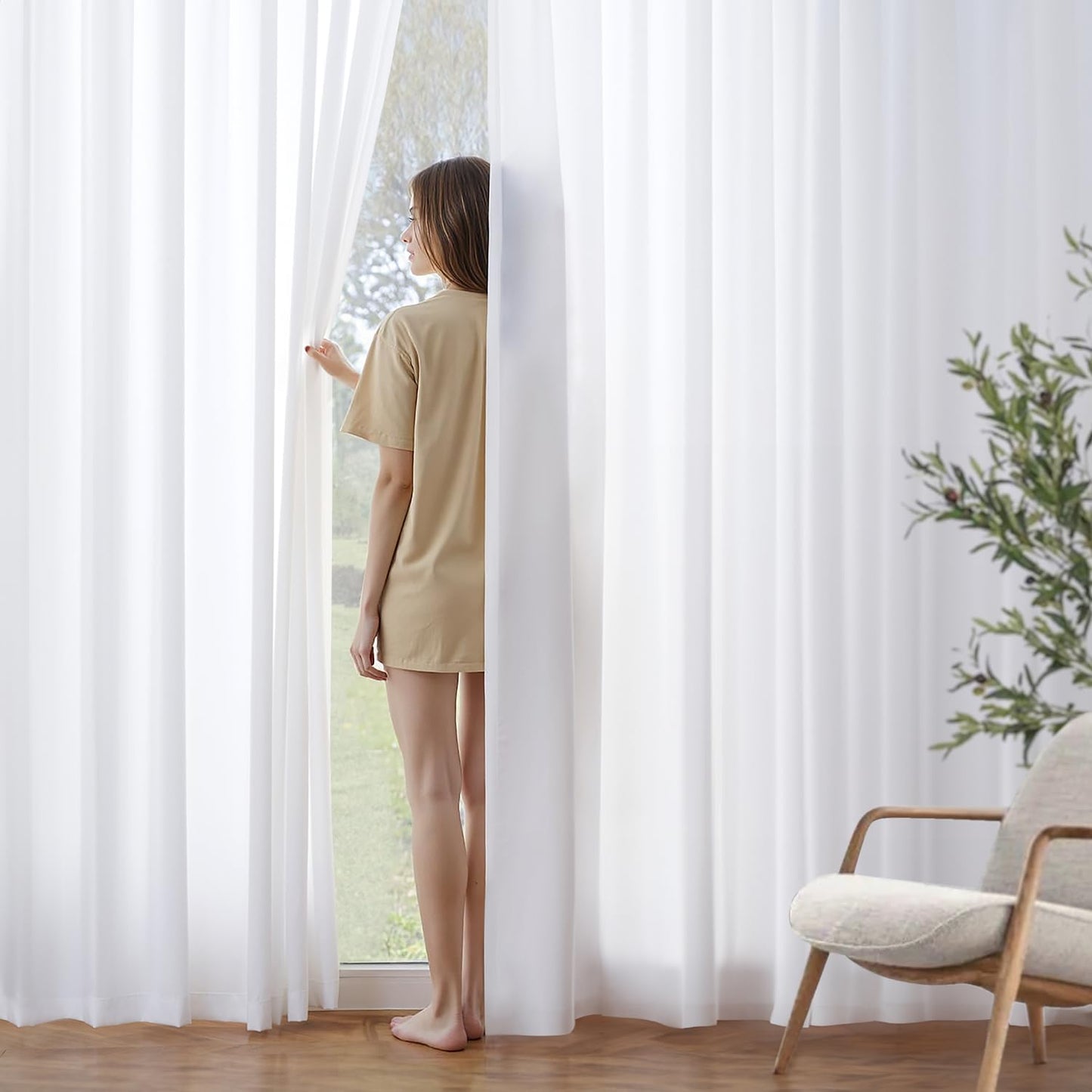 MIULEE White Privacy Sheer Curtains That Let Light in Non-See-Through Semi Sheer Curtains Light Filtering Window Curtain Drapes for Living Room Bedroom 42 X 92 Inches Long 2 Panels Set