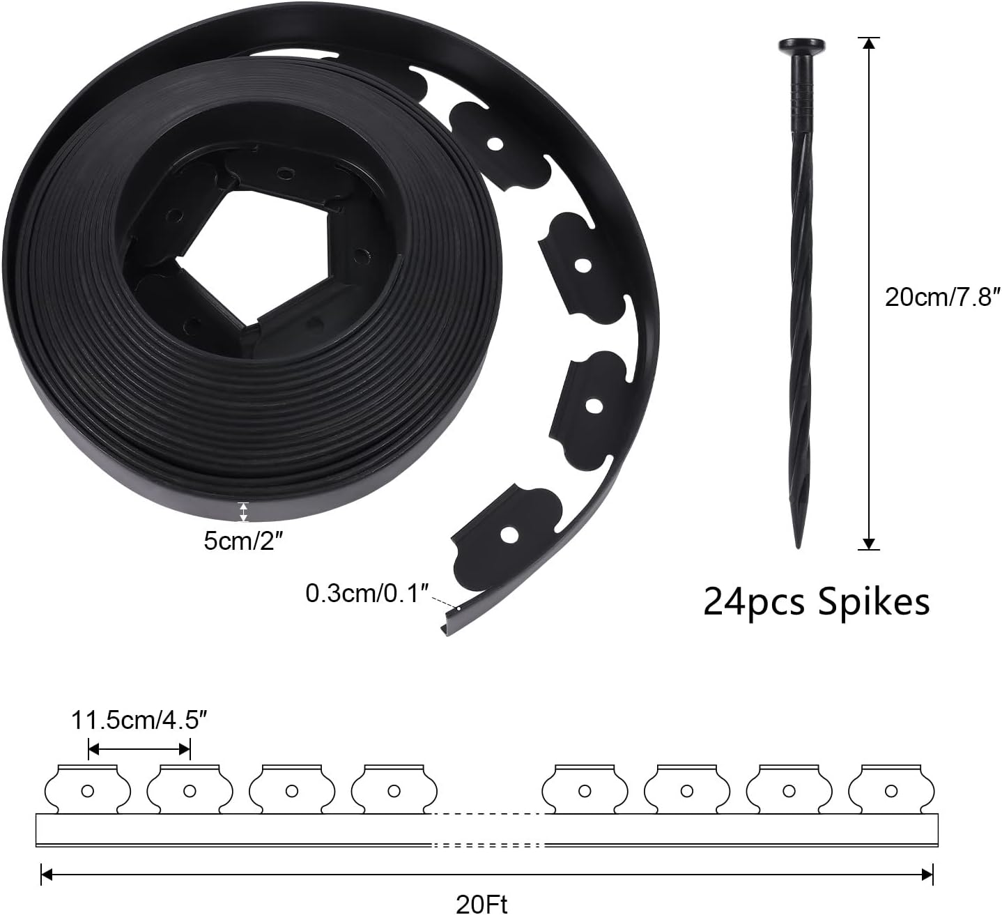 2 Inch Tall No Dig Durable Garden Landscape Edging Kit, Black Plastic Lawn Border with 24pcs Anchoring Spikes for Landscaping, Flower Gardens, Lawn (20FT+ 24pcs Anchoring Spikes)