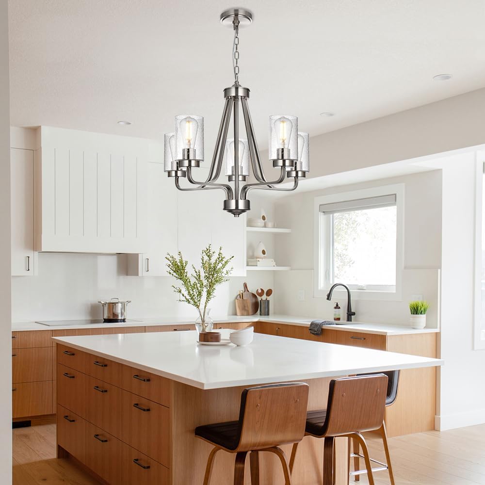 5-Lights Modern Pendant Light Fixtures, Wagon Wheel Dining Room Chandelier in Brushed Nickel, Hanging Ceiling Home Lighting for Foyer Kitchen Bedroom