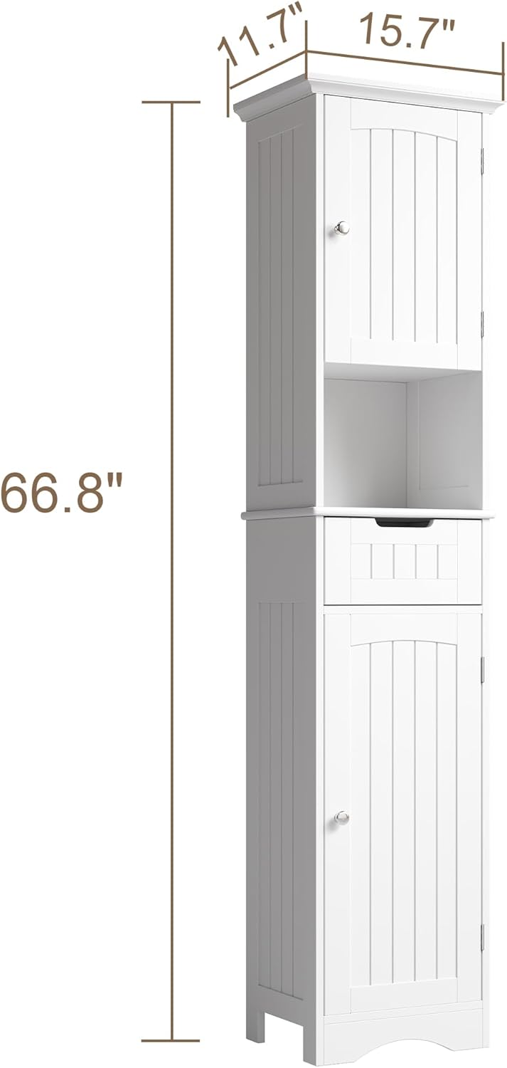 ChooChoo 67" Tall Bathroom Storage Cabinet Freestanding with Adjustable Shelves, Narrow Storage Linen Cabinet with 2 Doors and 1 Drawers for Bathroom, Living Room, Kitchen, White