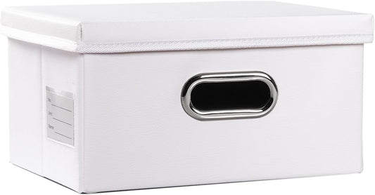 PRANDOM Collapsible Storage Box with Lid [1-Pack] Leather Fabric Foldable Storage Bin Organizer Container Basket Cube with Cover for Home Bedroom Closet Office Nursery White (13.6x9.6x6.9)