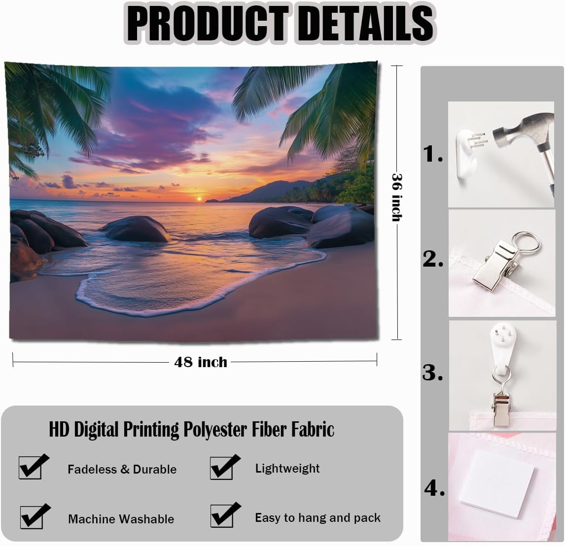 keowhsf Beach Sunset Ocean Tapestry – Tropical Palm Trees Wall Decor with Warm Orange Sky, Summer Seaside Landscape Wall Hanging for Bedroom Living Room Dorm