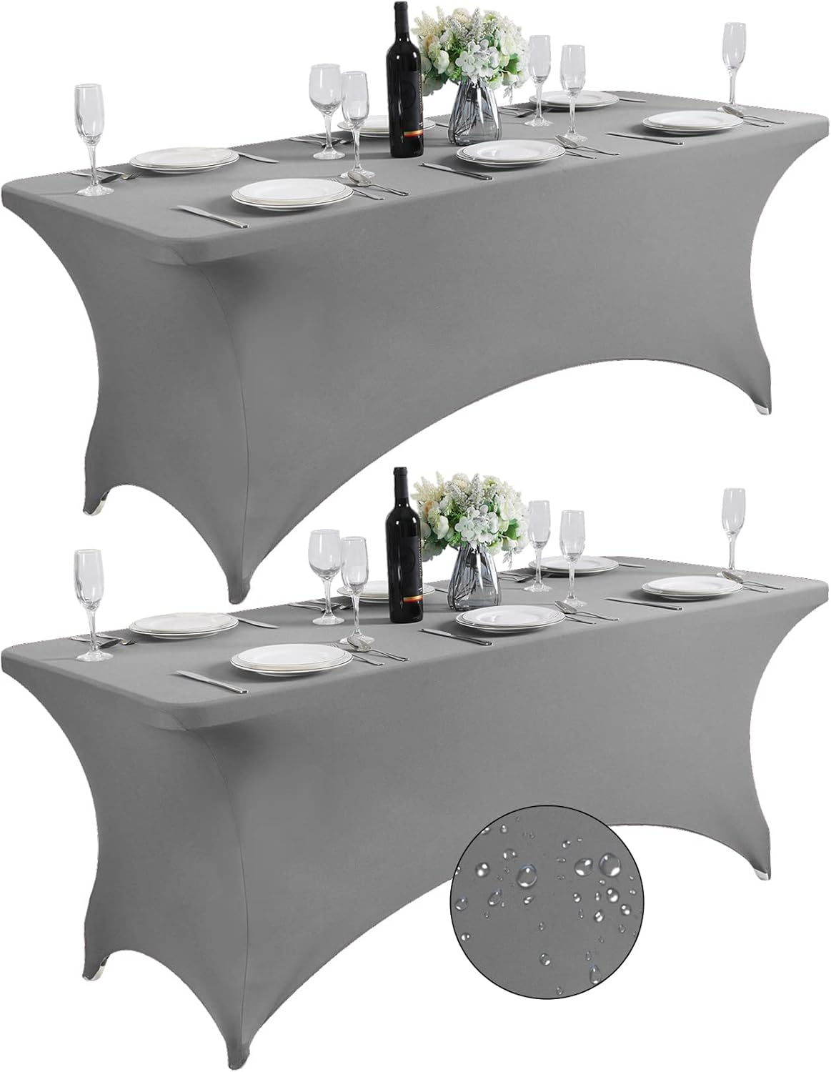 SuperO 2Pack Waterproof Spandex Table Cover for 6FT Table Universal Fitted Stretch Tablecloth for Party, Banquet, Wedding and Events-Gray