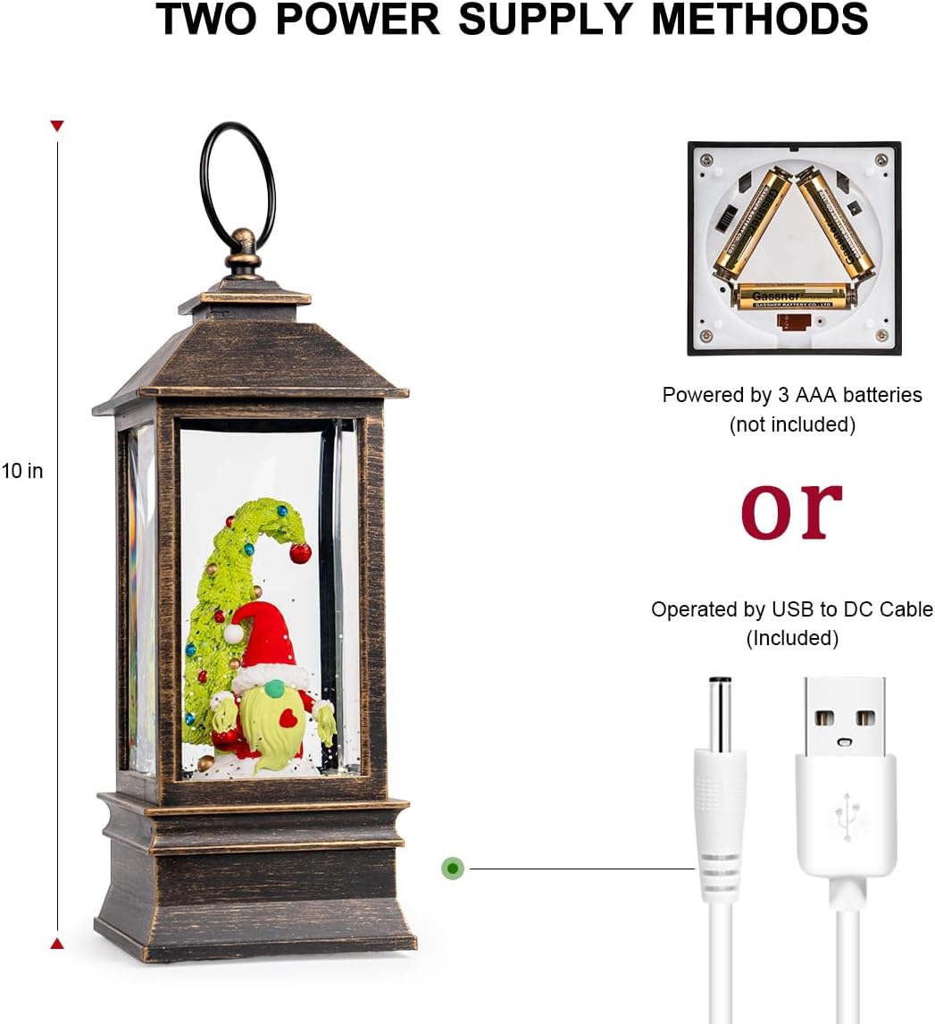 Christmas Snow Globe Lantern Water Glittering Xmas Gnome with Music, USB Lined/Battery Operated Lighted Lantern for Christmas Festival Decoration Gifts
