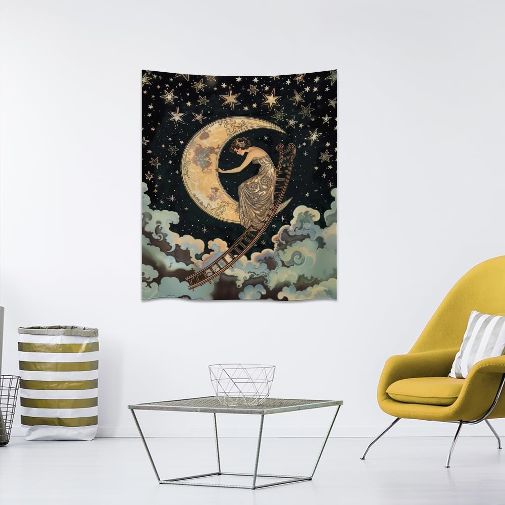 Dark Academia Gothic Aesthetic Tapestry ladder to The Moon and Stars Wall Hanging Print Trendy Vintage Art Nouveau Tapestries Decor for Home Bedroom Living Room 50x60inch