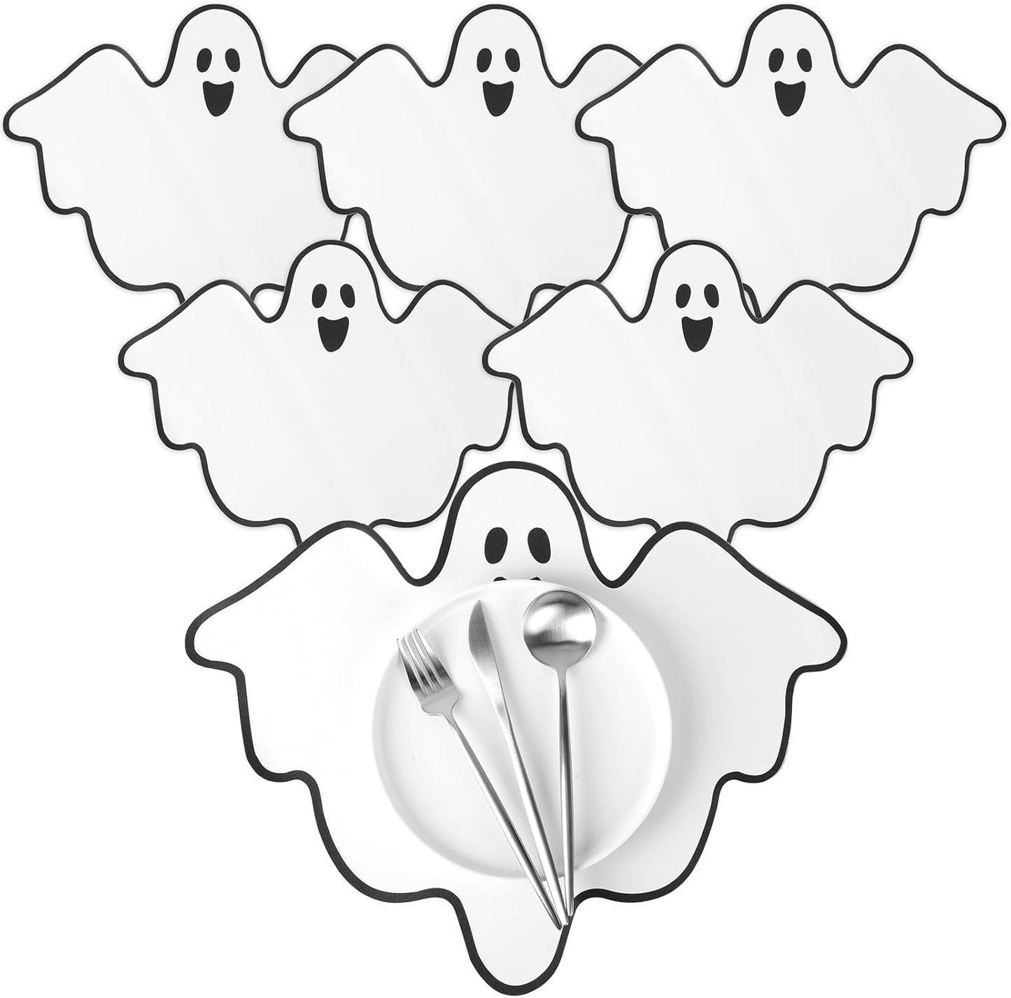 Remerry 6 Pcs Halloween Leather Table Placemats Washable Ghost Dinner Mats Easy to Clean Halloween Spooky Leather Placemats Ghost Table Mats for Holiday Kitchen Dining Party Decoration