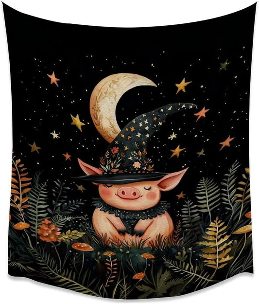 Whimsical Witch Pig Tapestry Wall Hanging Cute Farmhouse Animal Tapestry Aesthetic Moon and Stars Pictures Print Cottagecore Witchy Halloween Artwork Tapestries Decor for Living Room Bedroom 70x90inch