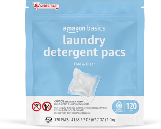 Amazon Basics Laundry Detergent Pacs, Hypoallergenic, Free & Clear, 120 Count (New Packaging)