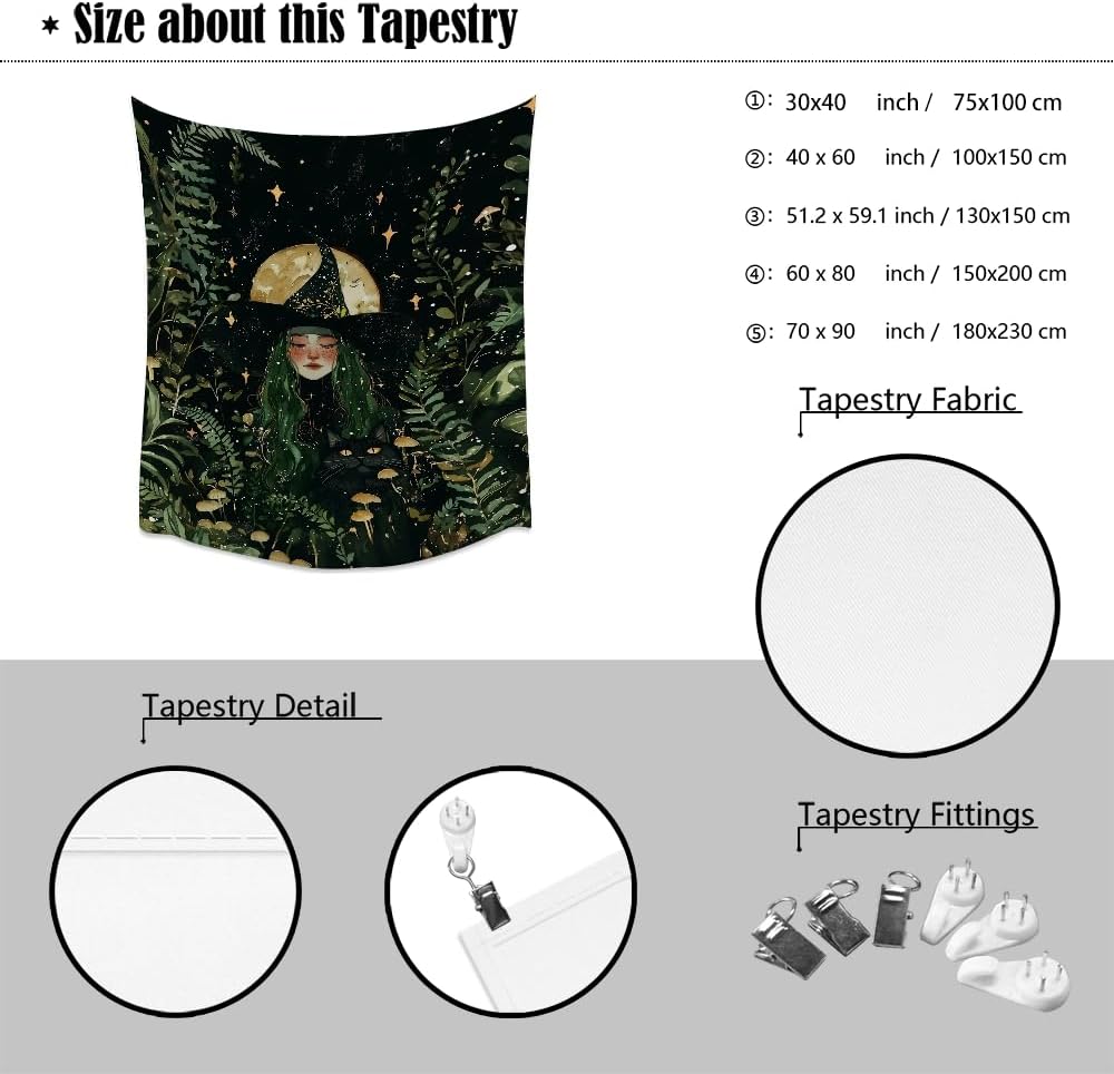 Moon Witch Tapestry Wall Hanging Mystical Botanical Green Print Dark Forest Witchy Decor Gothic Magical Black Cat and Moon Tapestries for Bedroom Living Room Dorm Decoration Aesthetic 60x80inch