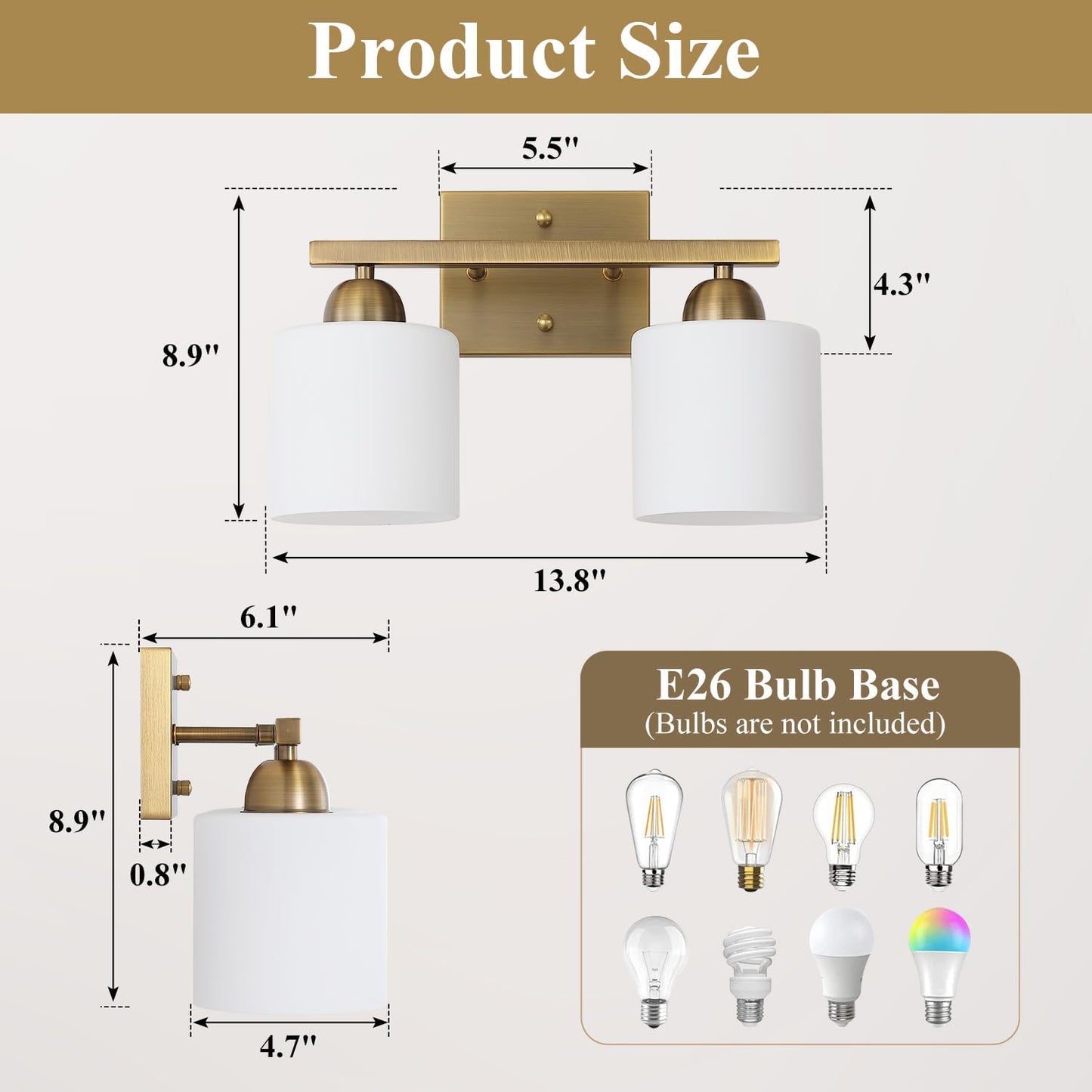 Stainless Steel Milk Glass Vanity Lights for Bathroom, 2 Light Brass Bathroom Light Fixtures Over Mirror, Ceramic E26 Sockets Wall Mounted