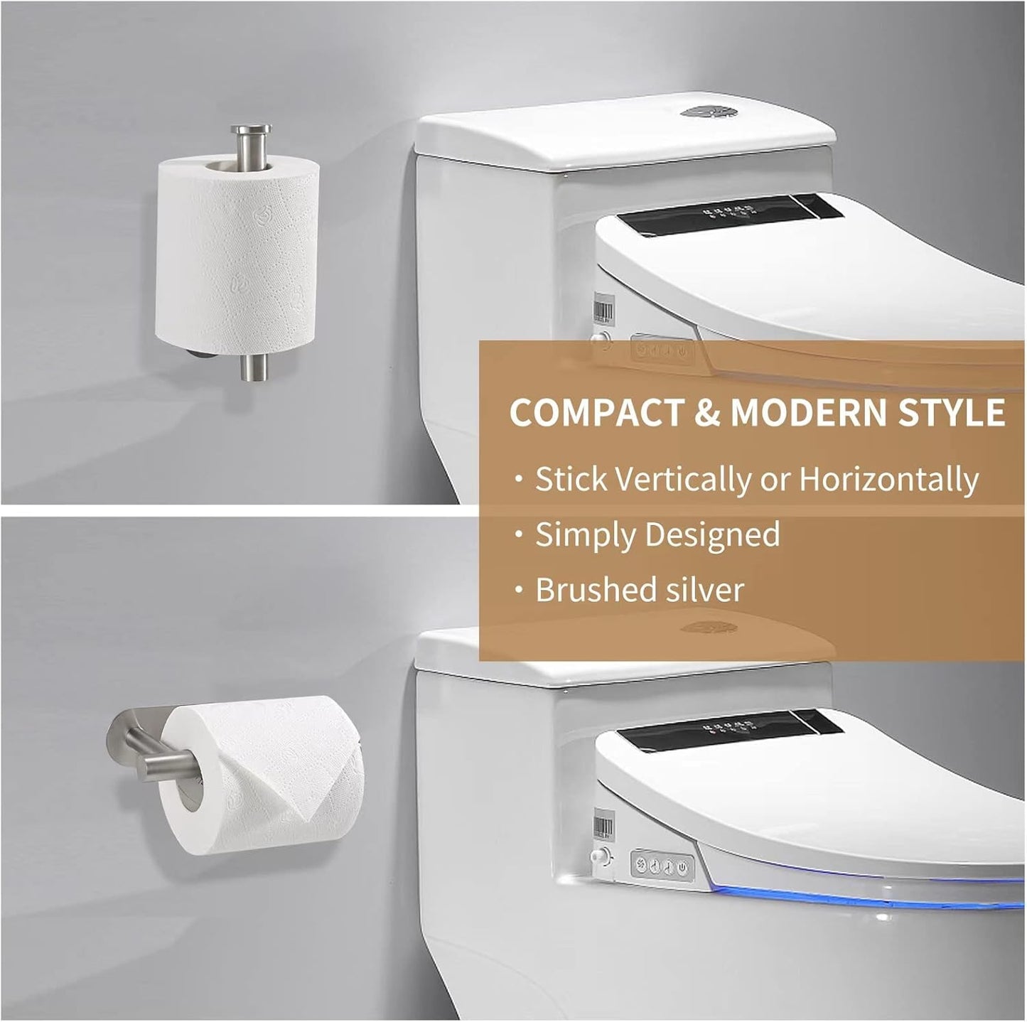 Toilet Paper Holder,Brushed Nickel,Wall Mount, Upgraded Adhesive Toilet Roll Holder,no Drilling,Bathroom/Rv/Washroom,SUS 304 Stainless Steel,Rustproof (Silver, 2 Pieces)
