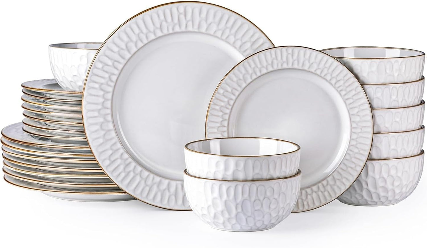 GBHOME Ceramic Dinnerware Sets, 24 pcs Embossed Elegant Stoneware Plates and Bowls Sets, Housewarming Wedding Gift | Dishwasher & Microwave Safe | Dishes Set Service for 8