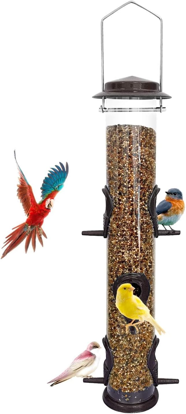 MIXXIDEA 1PK Metal Bird Feeders with 6 Feeding Ports,Tube Bird Feeder with Steel Hanger,Hard Plastic Wild Bird Feeder for Outdoors Hanging, Attracting Birds in Your Lawn, Garden, Balcony–Coffee