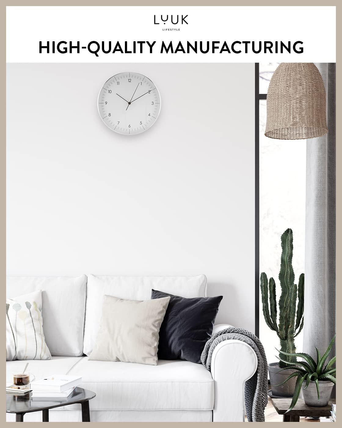 LUUK LIFESTYLE Modern Wall Clock Without Ticking, Pure Minimalist Design, legible Digits, Home Decor for Living Room, Office, in White and Silver