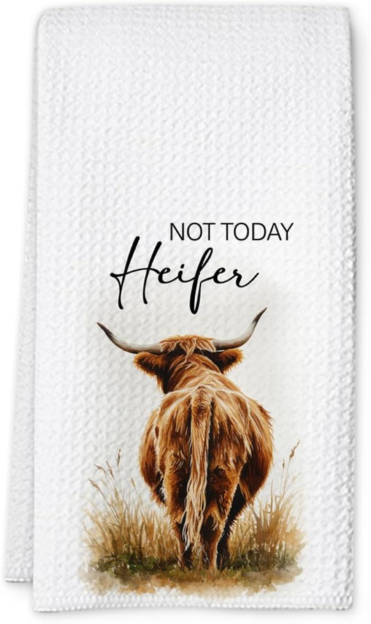 Not Today Heifer Highland Cow Hand Towels for Farmhouse Kitchen Bathroom Decor | Funny Waffle Weave Microfiber Dish Towel Western Gift
