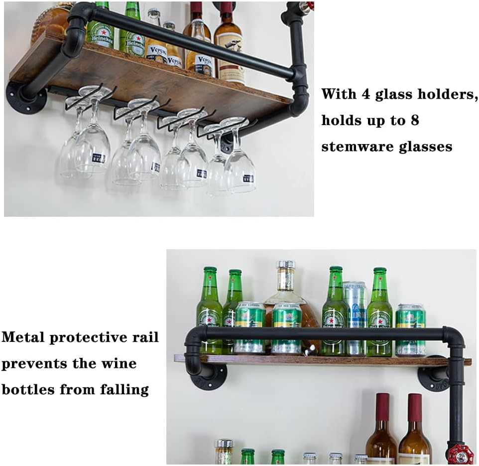 Wine Rack Wall Mounted 2 Tier, Hanging Floating Small Mini Bar Liquor Shelves with Glass Holder Storage Under, Industrial Rustic Pipe Farmhouse Kitchen Decor Black(23.6x10.6x19.7)