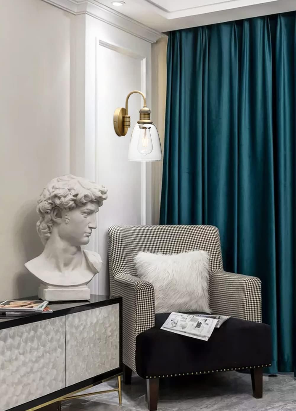 Yosoan 1-Light Brass Modern Vintage Indoor Wall Sconce, Vanity Single Luxury Hardwired Retro Textured Clear Oval Cone Glass Shade with Industrial Gooseneck Curved Rod Bathroom Lamp(Antique)