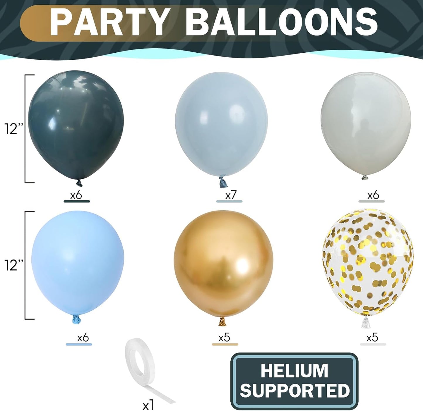 Dusty Blue Balloons 12 Inch Pastel Fog Blue Slate White Sand Metallic Gold Confetti Party Balloons Light Baby Blue White Gold Latex Balloon for Boy Baby Shower Birthday Wedding Party Decoration