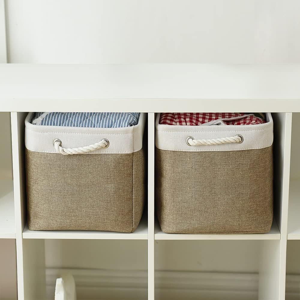 TcaFmac Organization and Storage Basket for Shelves - 16x12x12 inch Large 2 Pack Collapsible Storage Bins for Organization, Fabric Storage Cubes for Box Cloth Toy Books Kids (White & Khaki)