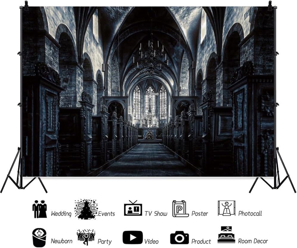 ChloropLastid 12x10ft Scary Church Halloween Backdrop Dark Black Horror Gothic Medieval Castle Interior Photography Background Halloween Night Carnival Theme Party Decor Banner Photo Studio Props