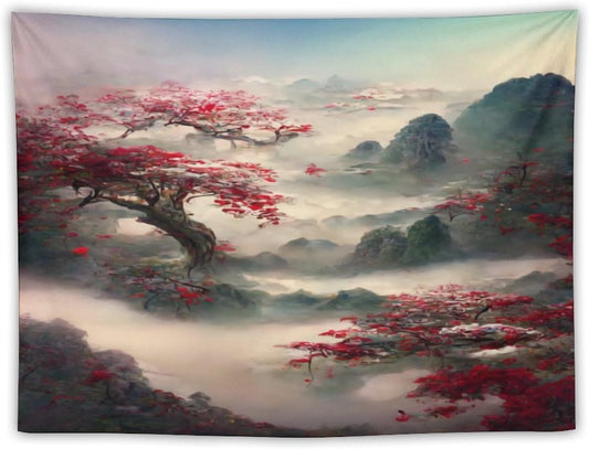 Japanese Tapestry, Red Plum Cherry Blossom Mountain, Nature Landscape, Bedroom & Living Room Decor, 80"x60"