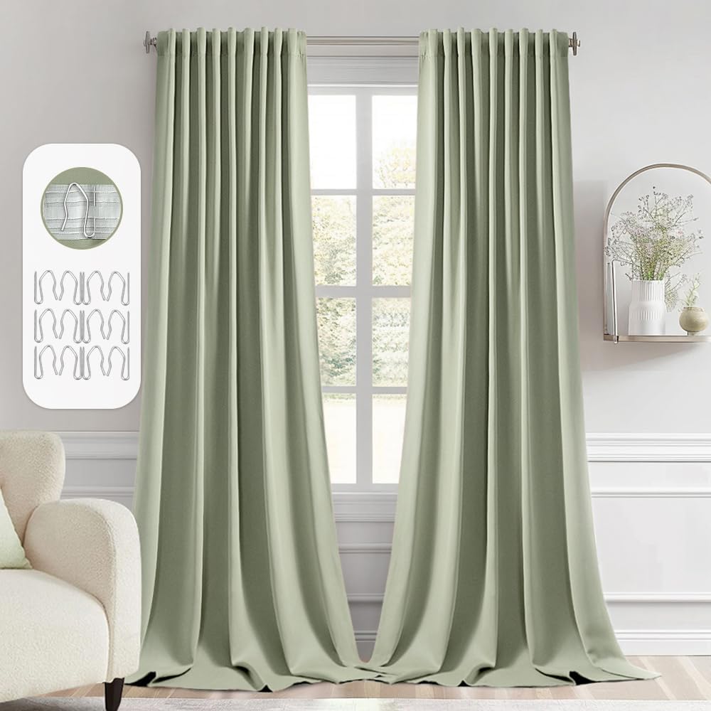 MIULEE Back Tab Sage Green Curtains 120 Inch Long 2 Panels Set for Living Room Bedroom, Rod Pocket/Pinch Pleated Light Blocking Extra Long Thermal Insulated Room Darkening Blackout Curtains/Drapes