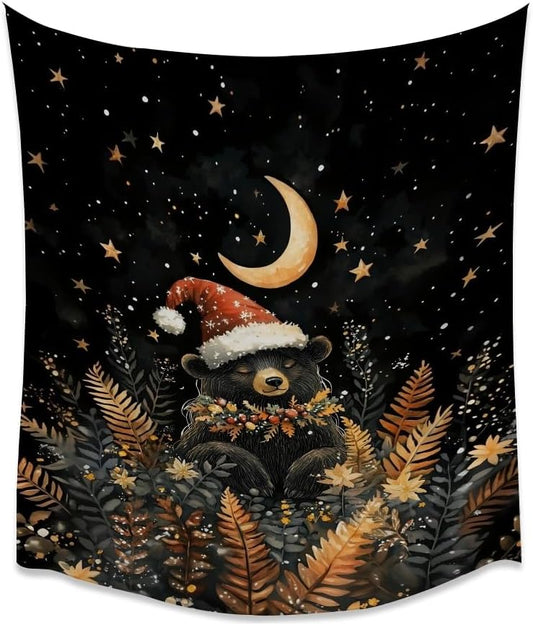 Whimsical Christmas Tapestry Moon Stars Dark Aesthetic Wall Hanging Decor Cute Bear Tapestries for Kids Room Decoration Funny Christmas wall art for Bedroom Dorm Living Room 40x60inch
