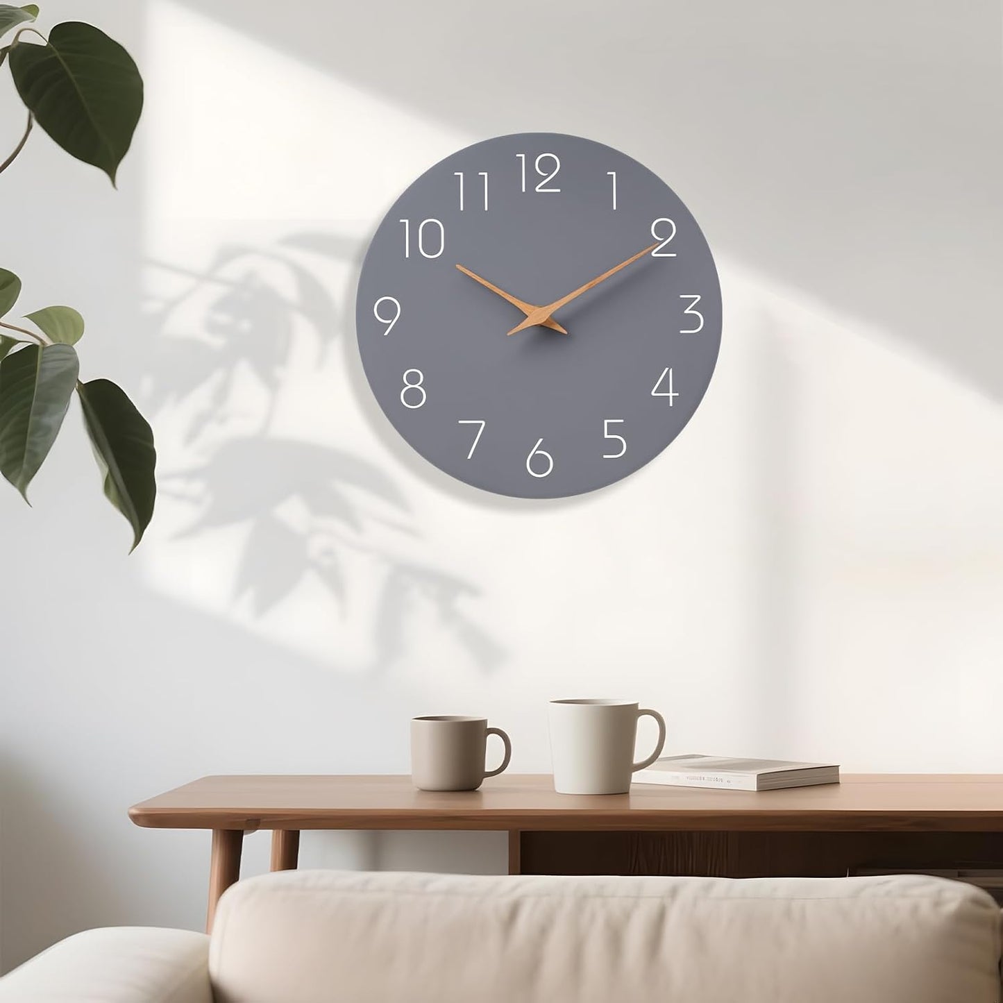 Mosewa Wall Clock Silent Non Ticking Decorative for Kitchen Bedroom Bathroom Office Living Room Battery Operated 10 Inch Gray Wood Modern Simple