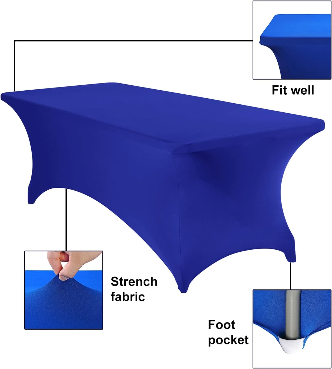 2Pack Spandex Waterproof Table Covers 8ft，Spandex 8ft Waterproof Table Cover for Party,Wedding, Banquet, and Events(Royal Blue)