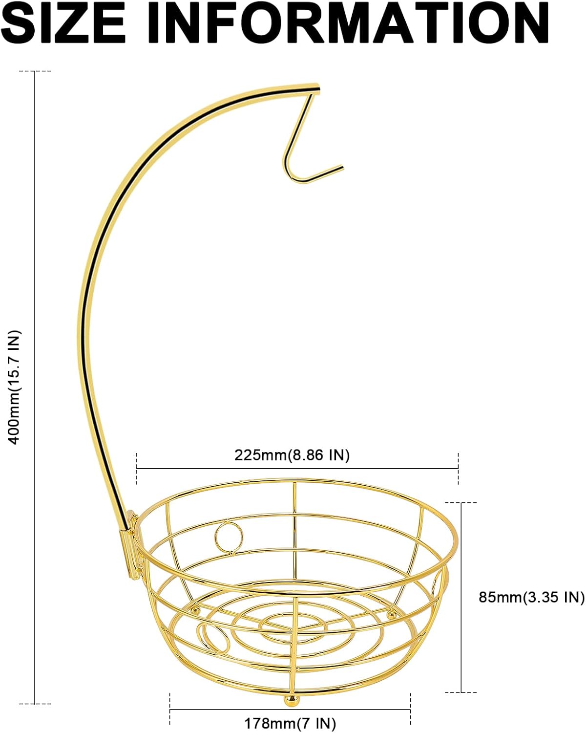 Livabber Countertop Fruit Basket Bowl with Banana Hanger, Modern Standing Fruit Vegetable Bowl Storage, with Banana Tree Holder for Kitchen Dinning Table (Round Metal, Gold)