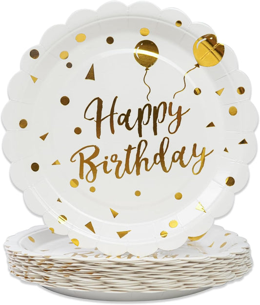 50PCS Happy Birthday Paper Plates - 7 Inch Birthday Cake Plates Scalloped White and Gold Dessert Plate Disposable Decorative Party Tableware Decorations for Birthday's Party Supplies