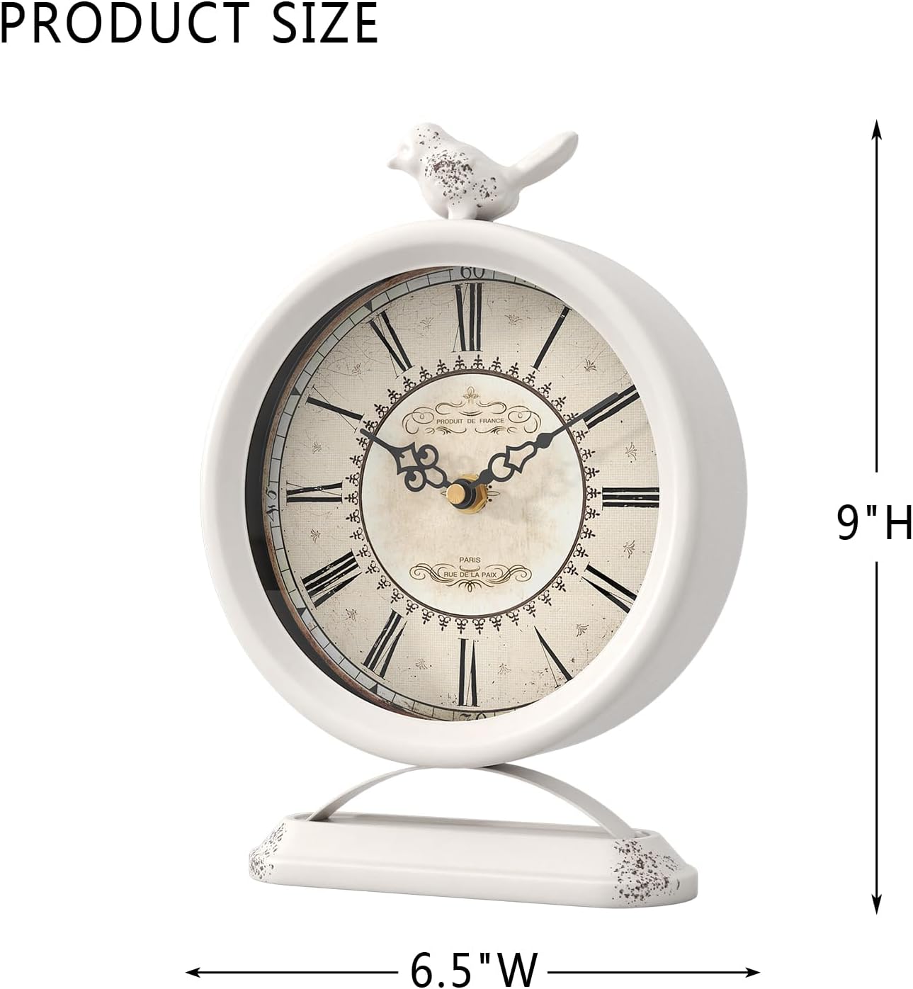 Vintage Table Clock with Bird, European Antique Style White Mantel Clocks, Desk and Shelf Decor Clock, for Farmhouse, Bedside, Living Room, Bedroom, Gift (9" H x 6.5" W)