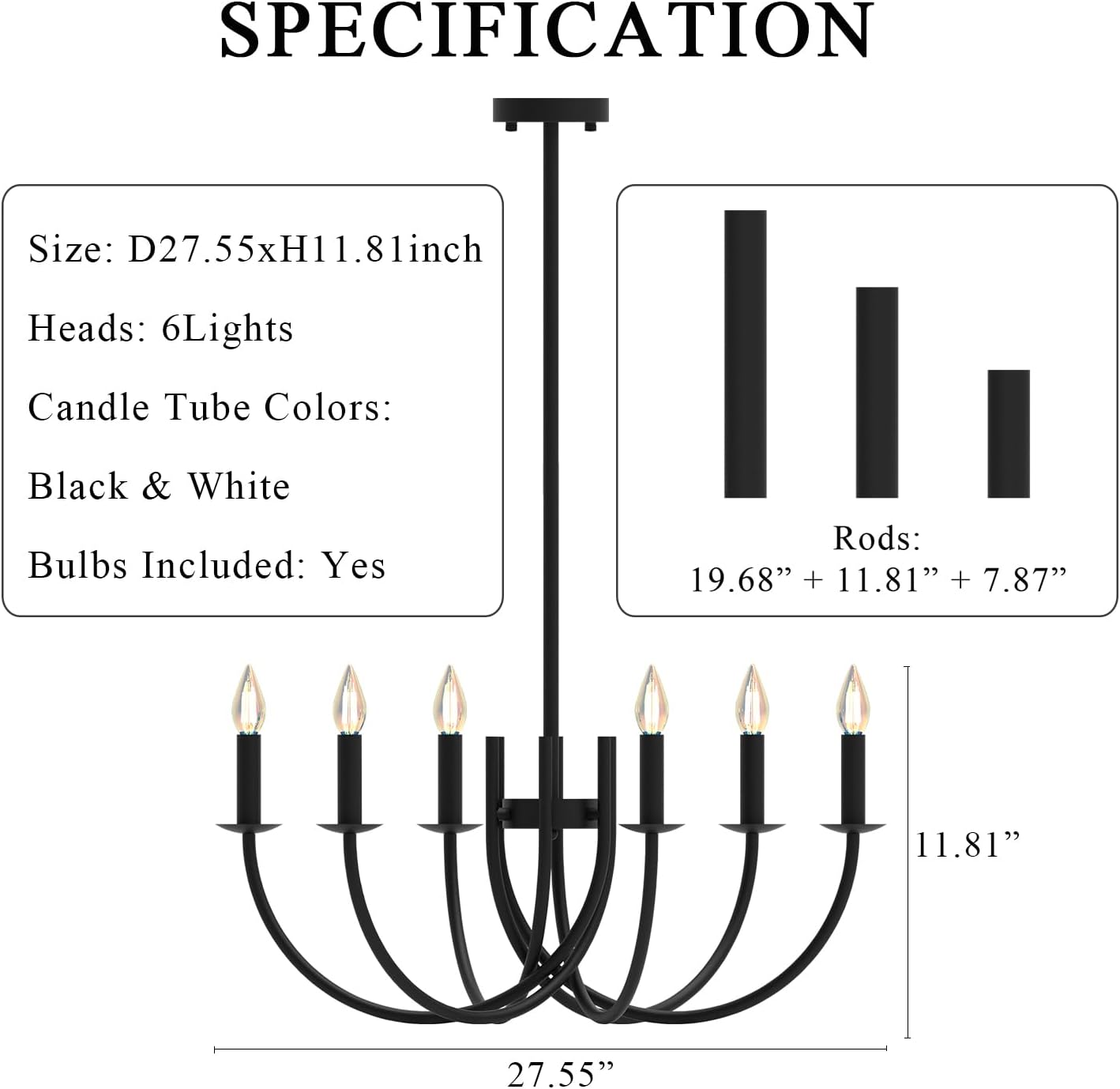 Black Dining Room Chandelier, LED Hanging Lamp Ceiling, Modern Round Candle Pendant Light Fixtures for Farmhouse Living Room Bedroom Kitchen Island (Black-C 6Lights)