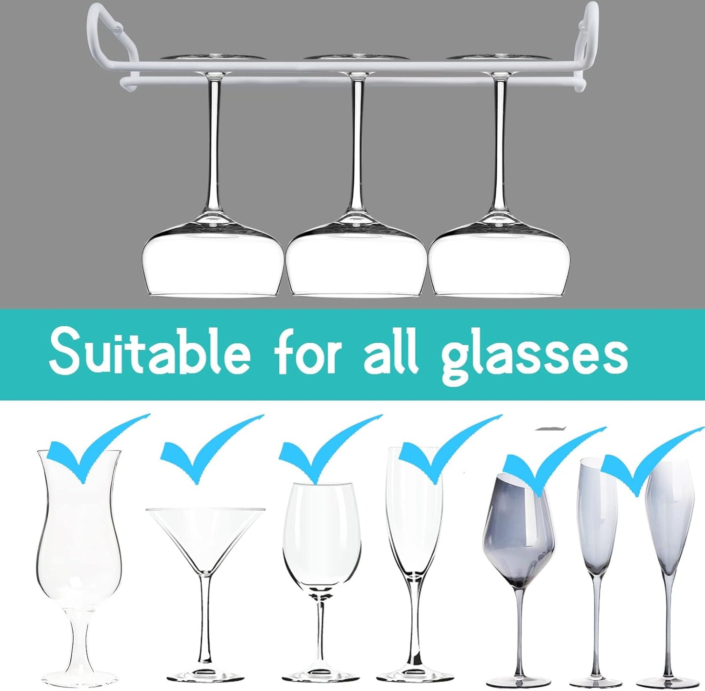 set 2 White Wine Glass Rack Under Cabinet Shelf 10 Inch Stemware Storage Hanging Hanger Organizer Glasses Holder with Drying Under Counter Metal for Kitchen and Bar