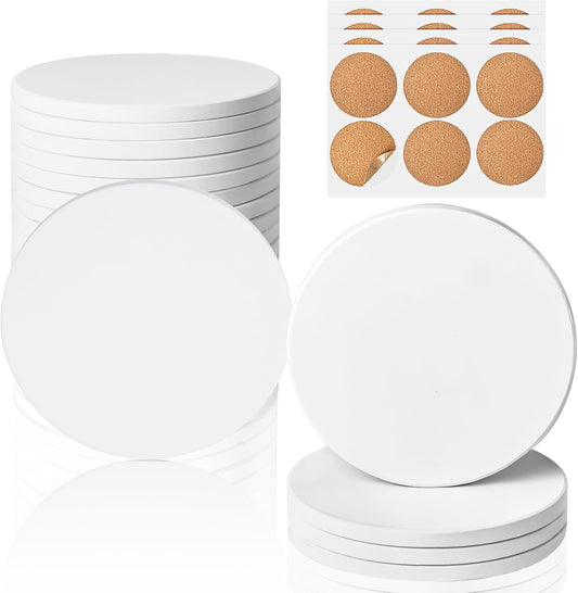 Ceramic Tiles for Crafts, GOH DODD 24 Pack Unglazed Blank Coasters with Cork Backing for Alcohol Ink Painting Acrylic Pouring Art Projects Housewarming Gifts Wedding School Education, Round, 4 Inch