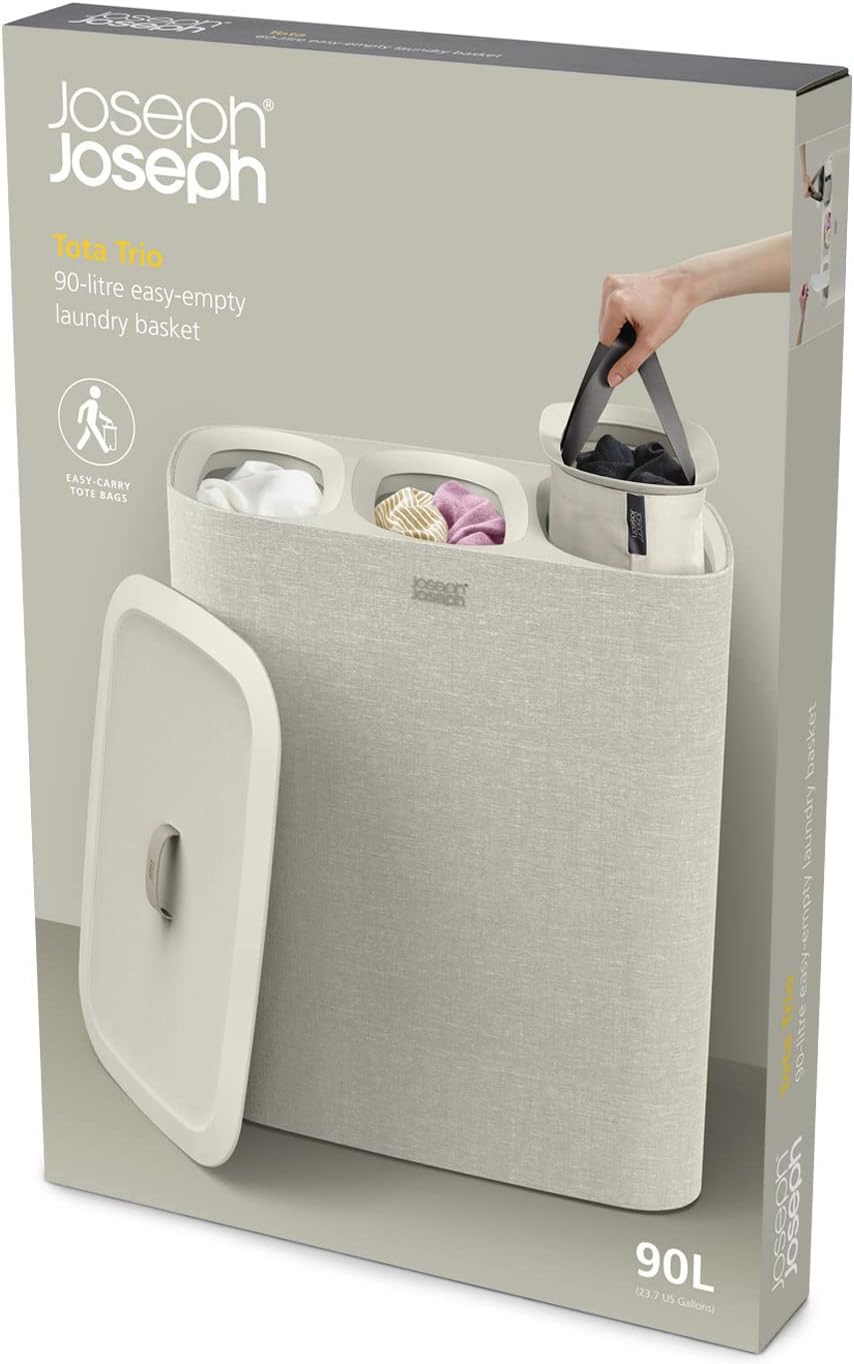 Joseph Joseph Tota Trio 90 liter/23.8 gallon Laundry Hamper Separation Basket with lid, 3 Removable Washing Bags with Handles- Ecru