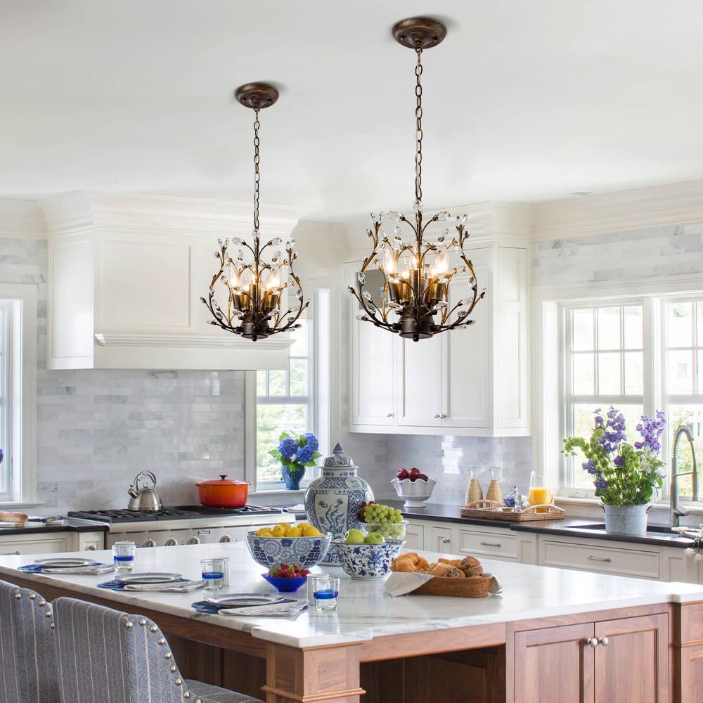 5-Light Vintage Crystal Branch Chandelier Farmhouse Hanging Pendant Light Fixtures for Living Room Dining Room Foyer Kitchen Island Hallway, Aged Bronze