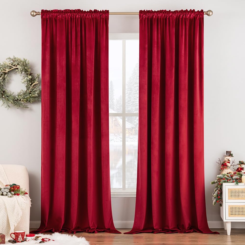 MIULEE Christmas Red Velvet Curtains Thermal Insulated Blackout Curtain Drapes for Bedroom Living Room Darkening 90 Inches Long Curtains Panels Rod Pocket Set of 2