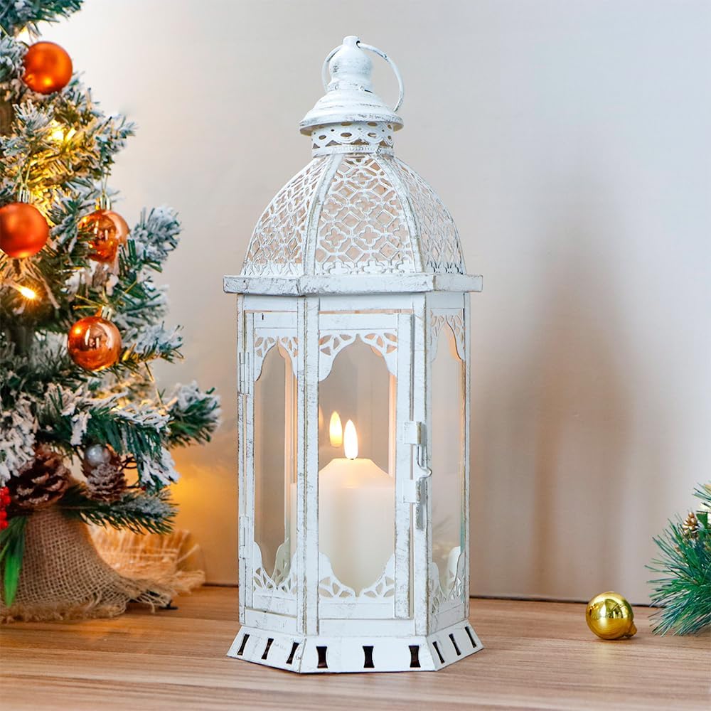 JHY DESIGN Decorative Candle Lantern 15''H Vintage Metal Candle Holder for Garden Living Room Indoor Outdoor Parties Weddings Patio(White with Gold Brush)