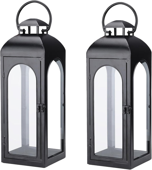 Bdor 2 Pack Large Luxury Lantern Decorative Tall 20 Inches Black Metal Hurricane Lanterns with Tempered Glass Panels for Front Porch,Tabletop, Mantle, Wall Hanging, or Garden, Indoor & Outdoor Décor