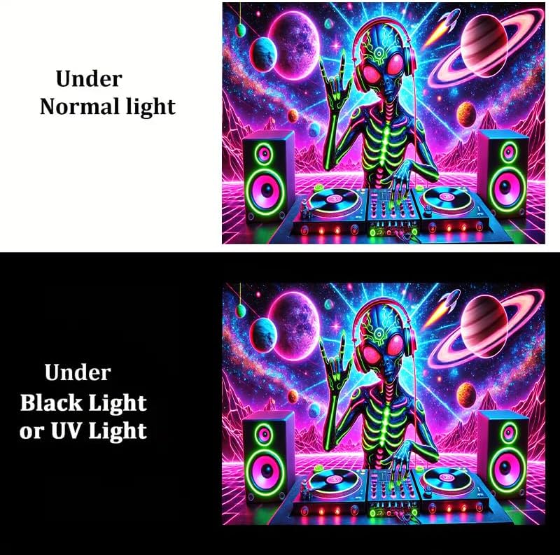 BlissYard Aliens Tapestry 78x59 Inch Blacklight DJ Aliens Tapestry Alien Tapestry for Men Guys Bedroom UV Reactive Alien Wall Tapestry Hanging Art Tapestry Room Decor Aesthetics Party Poster Banner