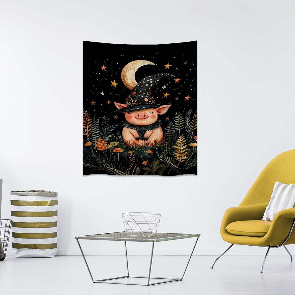 Whimsical Witch Pig Tapestry Wall Hanging Cute Farmhouse Animal Tapestry Aesthetic Moon and Stars Pictures Print Cottagecore Witchy Halloween Artwork Tapestries Decor for Living Room Bedroom 60x80inch