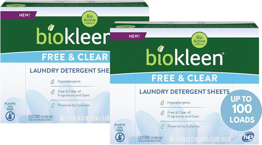 Biokleen Laundry Detergent Sheets (2 PACK) - Free & Clear From Fragrances and Dyes, Hypoallergenic Enzymatic Cleaning - 100 Sheets, 200 Loads