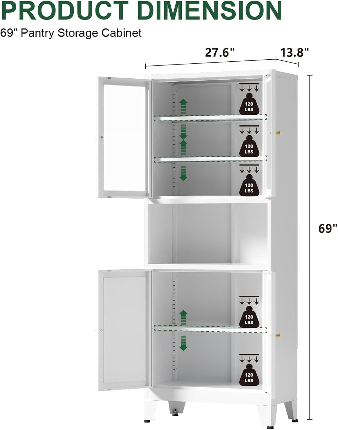 69" Tall Pantry Cabinet, Kitchen Storage Cabinet with 2 Glass Doors and Adjustbale Shelves, Freestanding Metal Cupboards for Dining Room, Living Room, Bathroom