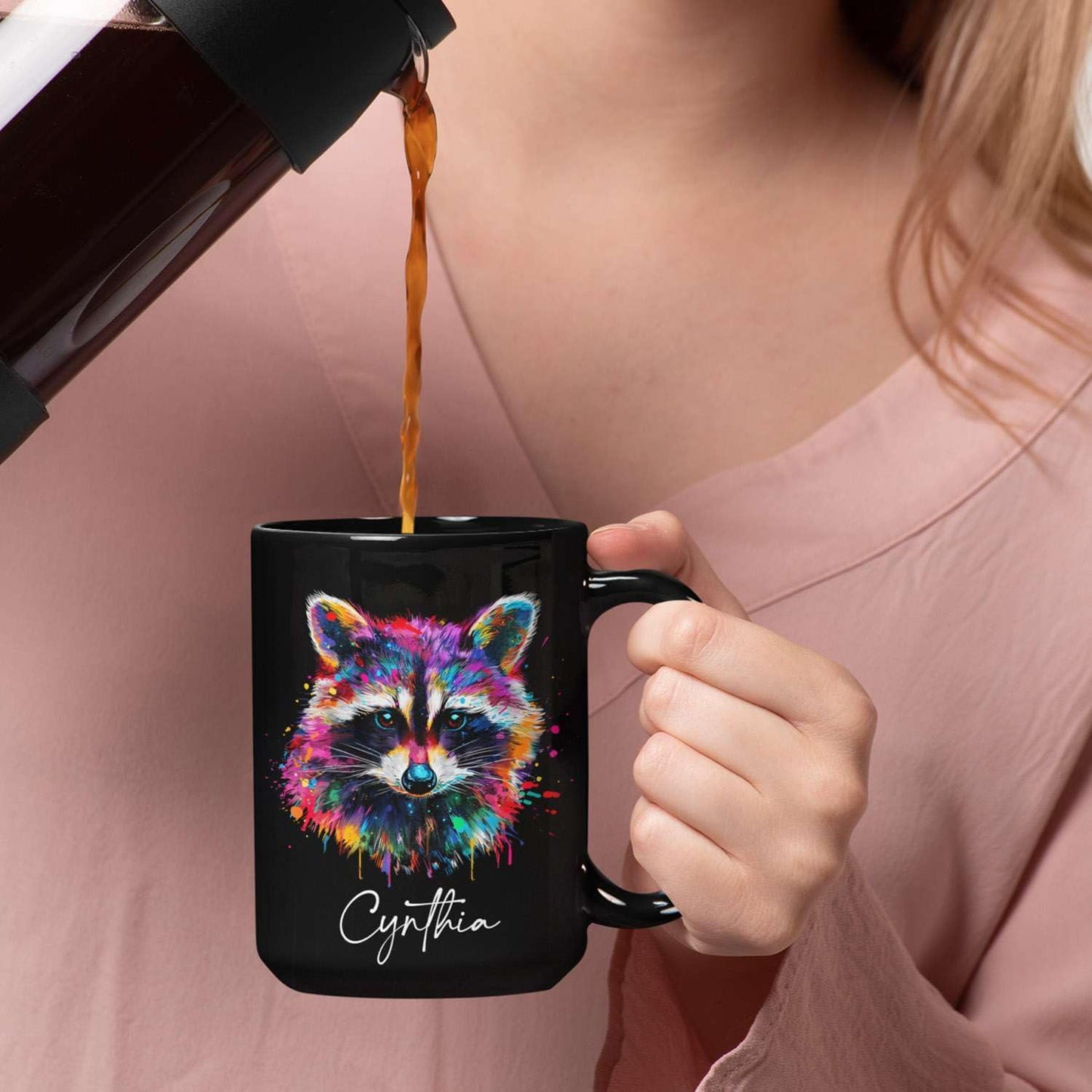 Colorful Raccoon Black Mug, Custom Choose Name Raccoon Coffee Cup, Gift For Men Women, Personalized Animal Lover Ceramic Mug, Customized Animal Design Cup 11oz 15oz