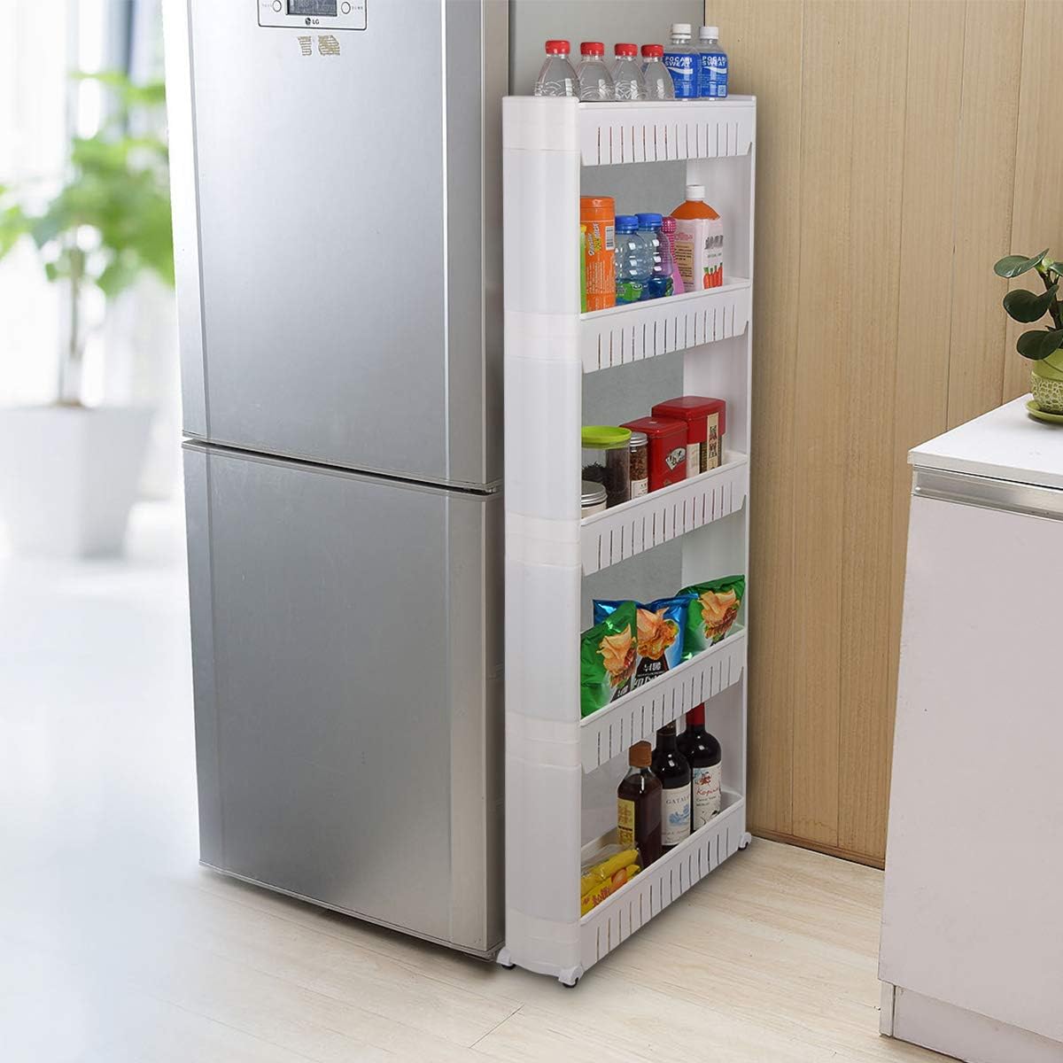 Laundry Room Organizer, Mobile Shelving Unit Organizer with 5 Large Storage Baskets, Gap Storage Slim Slide Out Pantry Storage Rack for Narrow Spaces