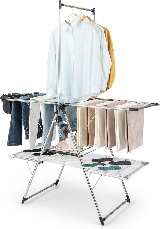 Tangkula Foldable Clothes Drying Rack, 2-Tier Laundry Drying Rack w/Tall Hanging Bar, Height Adjustable Gullwing, Freestanding Garment Stand for Indoor Outdoor Use