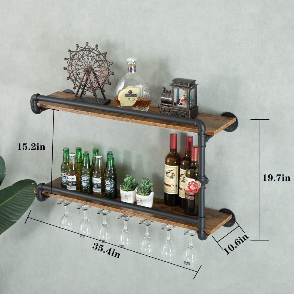 Wine Rack Wall Mounted 2 Tier, Hanging Floating Bar Liquor Shelves with Glass Holder Storage Under, Industrial Rustic Pipe Farmhouse Kitchen Decor Black(35.4x10.6x19.7)