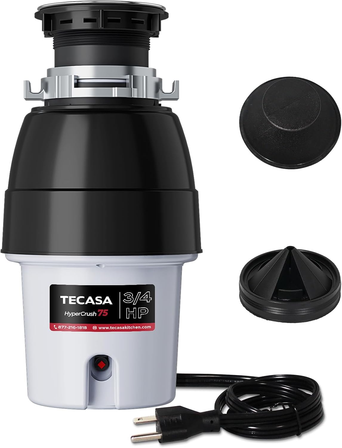 3/4 HP Corded Garbage Disposal for Kitchen Sinks, TECASA Continuous Feed Food Waste Disposer, Sound Reduction, Power Cord Included, Grey and Black - HyperCrush 75
